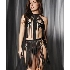 Don’t Miss Out Play Darque Fringe Harness Top & Skirt Black One Size Fits Most