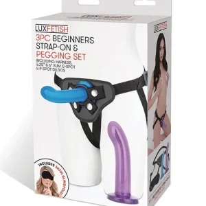Lux Fetish 3 Piece Beginners Strap On & Pegging Set - Multi Color Fan Favorite