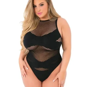 Pink Lipstick Criss Cross Fishnet Bodysuit Black Queen Size Hot Picks