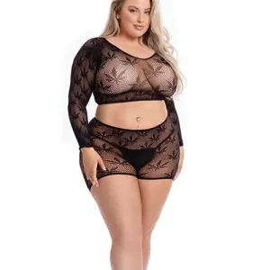 Seasonal Sale Pink Lipstick Leaf It To Me Long Sleeve Crop Top & Short