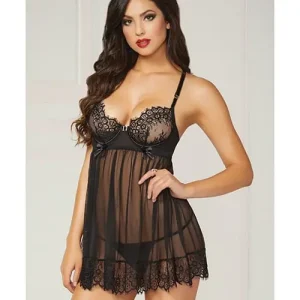 Hassle-Free Returns Eyelash Galloon Lace & Mesh Babydoll & Thong