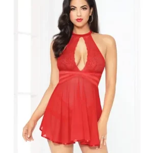 Buy Online Lace Mesh Babydoll with Strappy Waist & Panty with Crisscross Waistband