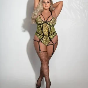 Print Mesh Teddy with Garters Leopard Chartreuse Queen Size In Demand