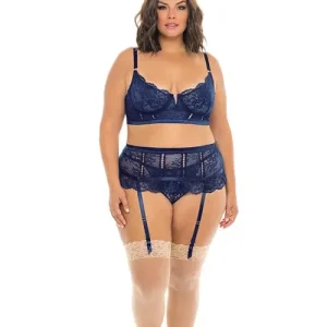 Adrienne Underwire Bra, High Waist Garterbelt & G-string Estate Blue Fresh Stock