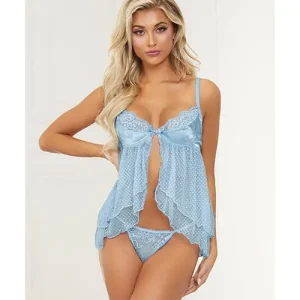 Satin Jacquard Dot Mesh Scallop Lace Babydoll & G-string Blue Don’t Miss Out