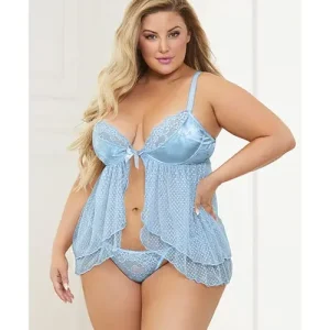 Satin Jacquard Dot Mesh Scallop Lace Babydoll & G-string Blue Deal