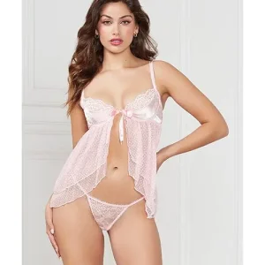 Satin Jacquard Dot Mesh Scallop Lace Babydoll & G-string Light Pink Professional Grade