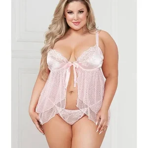 Satin Jacquard Dot Mesh Scallop Lace Babydoll & G-string Light Pink Markdown