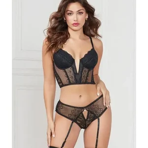Instant Buy Stretch Lace Cropped Bustier & Cheeky Panty Black