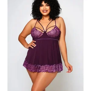 Cross Dye Lace & Microfiber Babydoll & G-string Purple Flash Sale