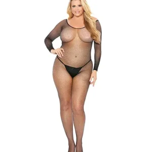 Rhinestone Fishnet Full Sleeved Bodystocking Black One Size Fits Most Plus Size Premium