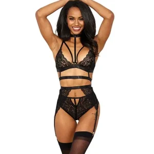 Stretch Lace with satin Elastic Bra Garter Belt & G-string Panty Black XXL Editor’s Pick