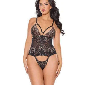 Direct From Factory Lace and Mesh Teddy with Removable Backless Panty - Black/Rose Gold