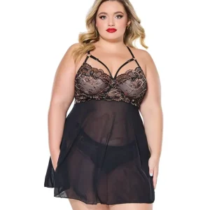 Lace and Mesh Underwire Babydoll with Thong - Black/Rose Gold 1X/2X Clearance