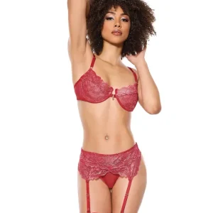 Bulk Order Metallic Stretch Lace Underwire Bra with Crotchless Garter Panty - Red