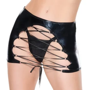 Darque Wet Look Reversible Lace Up Skirt - Black Fresh Stock