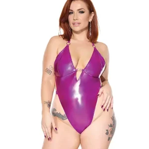 Final Sale Darque PVC Halter Teddy with Adjustable Straps - Purple QN