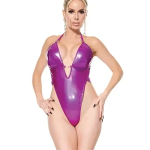 Deal Darque PVC Halter Teddy with Adjustable Straps - Purple O/S
