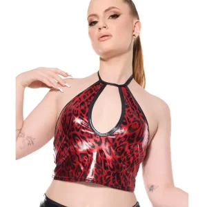 Limited Offer Darque Metallic Wet Look Keyhole Halter Top - Red/Black