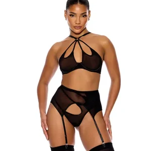 Feeling Butterflies Mesh Halterneck Bra with Garter & Panty - Black Place Order