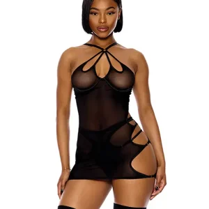 Last Chance Feeling Butterflies Mesh Chemise with Panty - Black