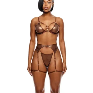 Get Yours Liquid Metal Metallic Mesh Underwire Bra with Garter Belt & G-String 3 pc Set - Metallic Copper