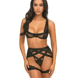 Thalia Mesh & Lace Underwire 3 pc Set - Black Free Shipping