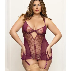High Quality Metallic Lace with Mesh Gartered Chemise & Thong - Plum 1X/2X