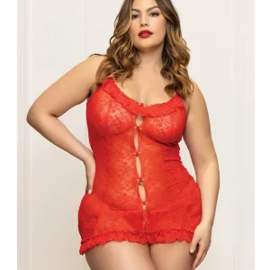 Latest Lace Chemise with Ruffle Trim & G-String - Red QN
