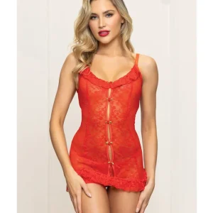 Lace Chemise with Ruffle Trim & G-String - Red O/S Buy Today