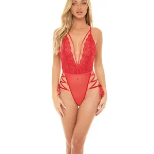 Bulk Order Sloane Soft Cup Deep Plunge Teddy With Side Lace Up Ribbon Detail Red