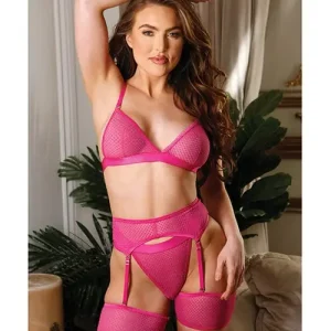 Budget Tease Fallon Geometric Bralette, Garter Belt & Panty Pink