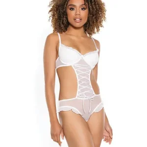 Reduced Price Stretch Mesh Ruffled Crotchless Teddy White
