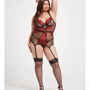 Floral Embroidered Lace Chemise with adjustable Garters & Thong Black / Red Secure Checkout
