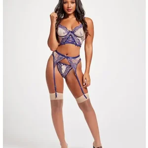 Sheer Stretch Mesh with floral Contrast Embroidery Bustier, Garter Belt & Thong Blue/nude Free Delivery