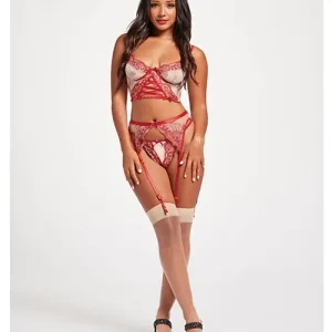 Sheer Stretch Mesh with floral Contrast Embroidery Bustier, Garter Belt & Thong Red/nude Low Price