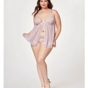 Hot Picks Sheer Mesh & Lace Demi Cup Babydoll & Thong Lavender