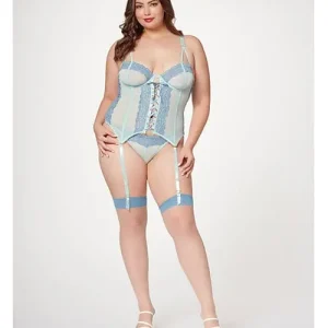 Lace & Mesh Bustier with lace Up Center, Garter Belt & Thong Blue Markdown