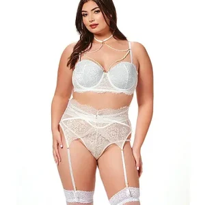 Lace & Pearl Bra, Garter Belt & Thong White Next Day Delivery