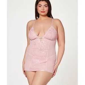 No Minimum Order Floral Mesh Chemise & G-string Pink