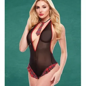 Teacher'sPetSchoolgirlSeeThruCrotchlessTeddyW/tieBlack/redM/l Free Shipping