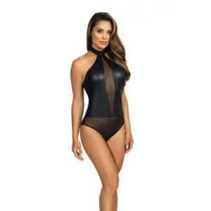 Worldwide Shipping Axami Lingerie Stretch Wetlook Mesh Panel Women Bodysuit Black