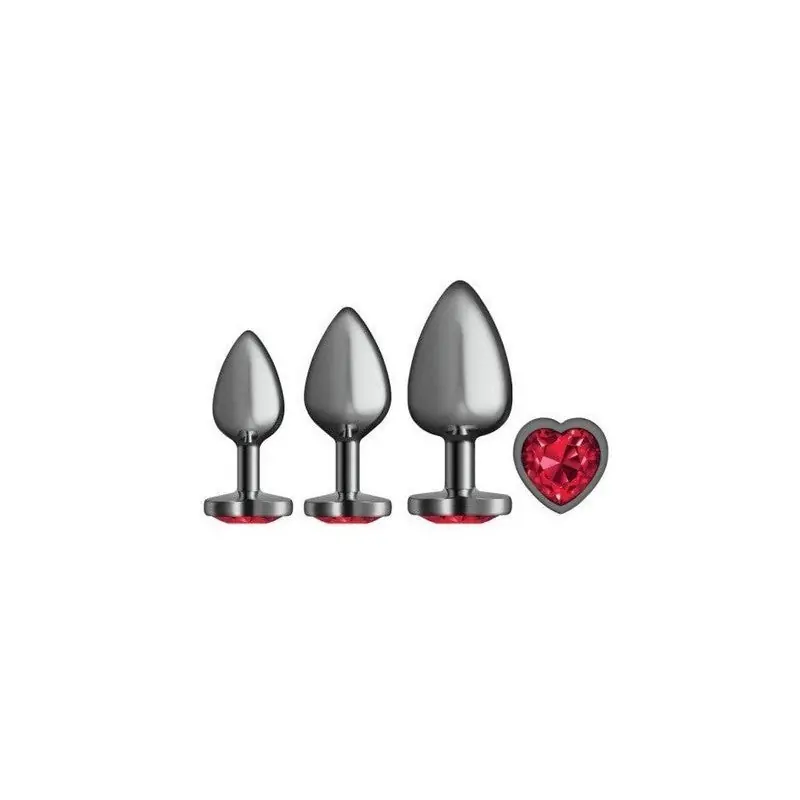 Cheeky Charms Round Metal Butt Plug Gunmetal 3 Piece Kit With Dark Red Heart Jewel Get Yours