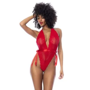 Discount Mapale Womens Lace Bodysuit with Side Ties Red