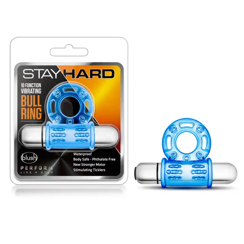 Blush Novelties Stay Hard 10 Function Vibrating Bull Cock Ring Blue Brand New