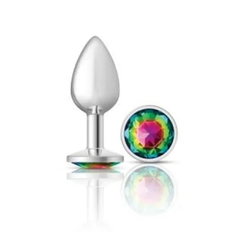 Cheeky Charms Silver Round Butt Plug With Rainbow Jewel Big Sale