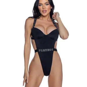 PlayBoy Black High-Leg 1 Pc Swimsuit with Rhinestone Logo Direct From Factory