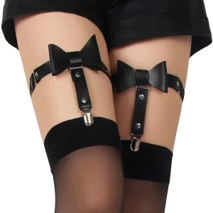 Bow Faux Adjustable Studded Punk Leg Rings Garter Clips - BlackOS Bargain