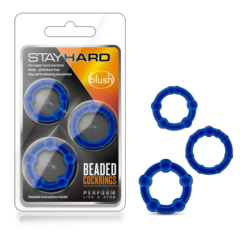Blush Stay Hard Blue Beaded Penis Rings 3 Pack Free Delivery