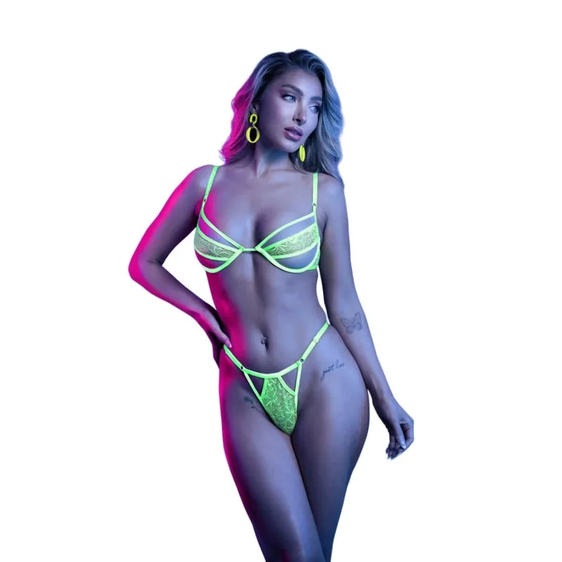 Big Sale Fantasy Lingerie Glow UV Reactive Green Lace Mesh Underwire Bra Panty Set Sexy for Women